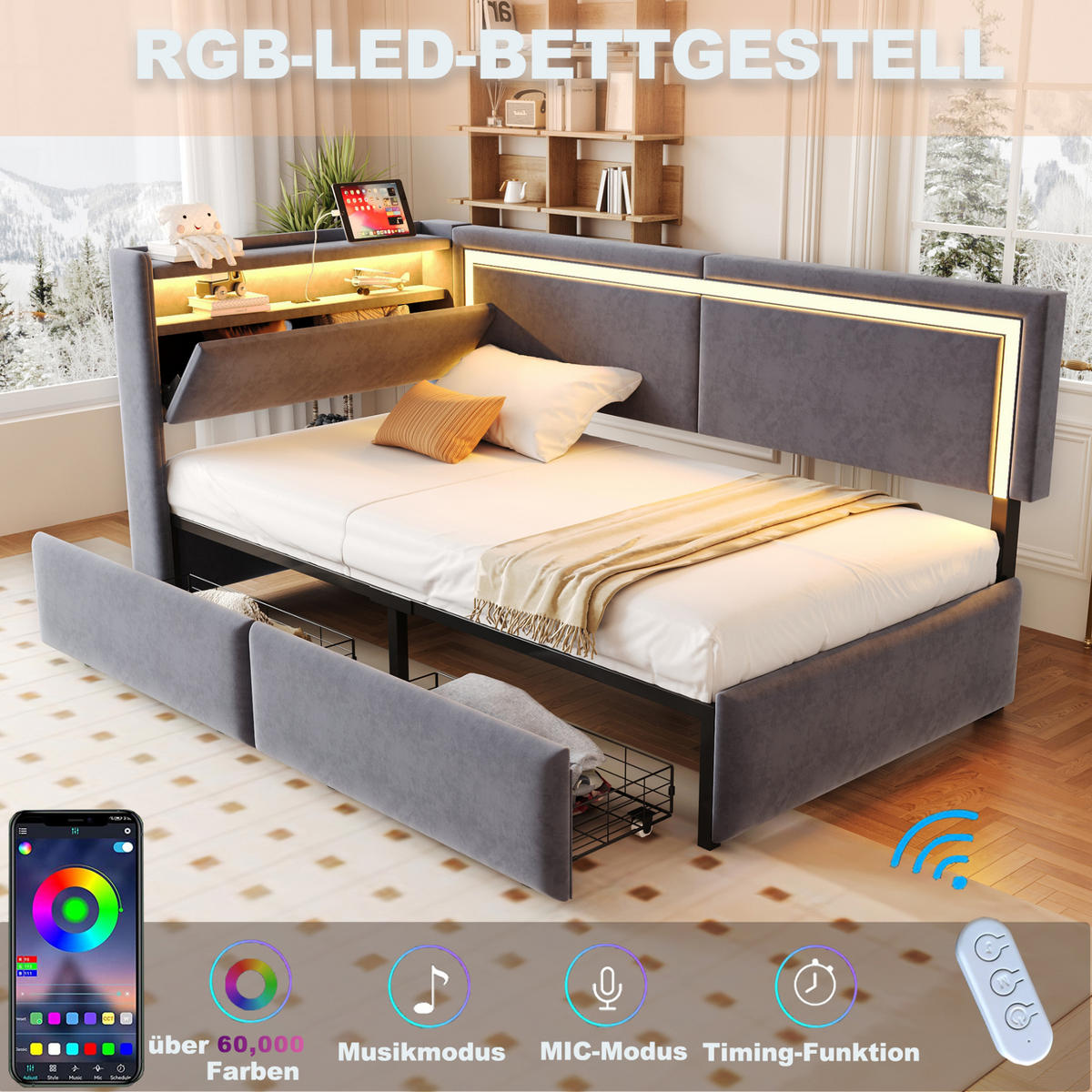 POLSTERBETT 90/200 cm mit LED-Beleuchtung, USB-Anschlüssen, Stauraum und Samtbezug, Dunkelgrau - Dunkelgrau, Textil (90/200cm) - Redom