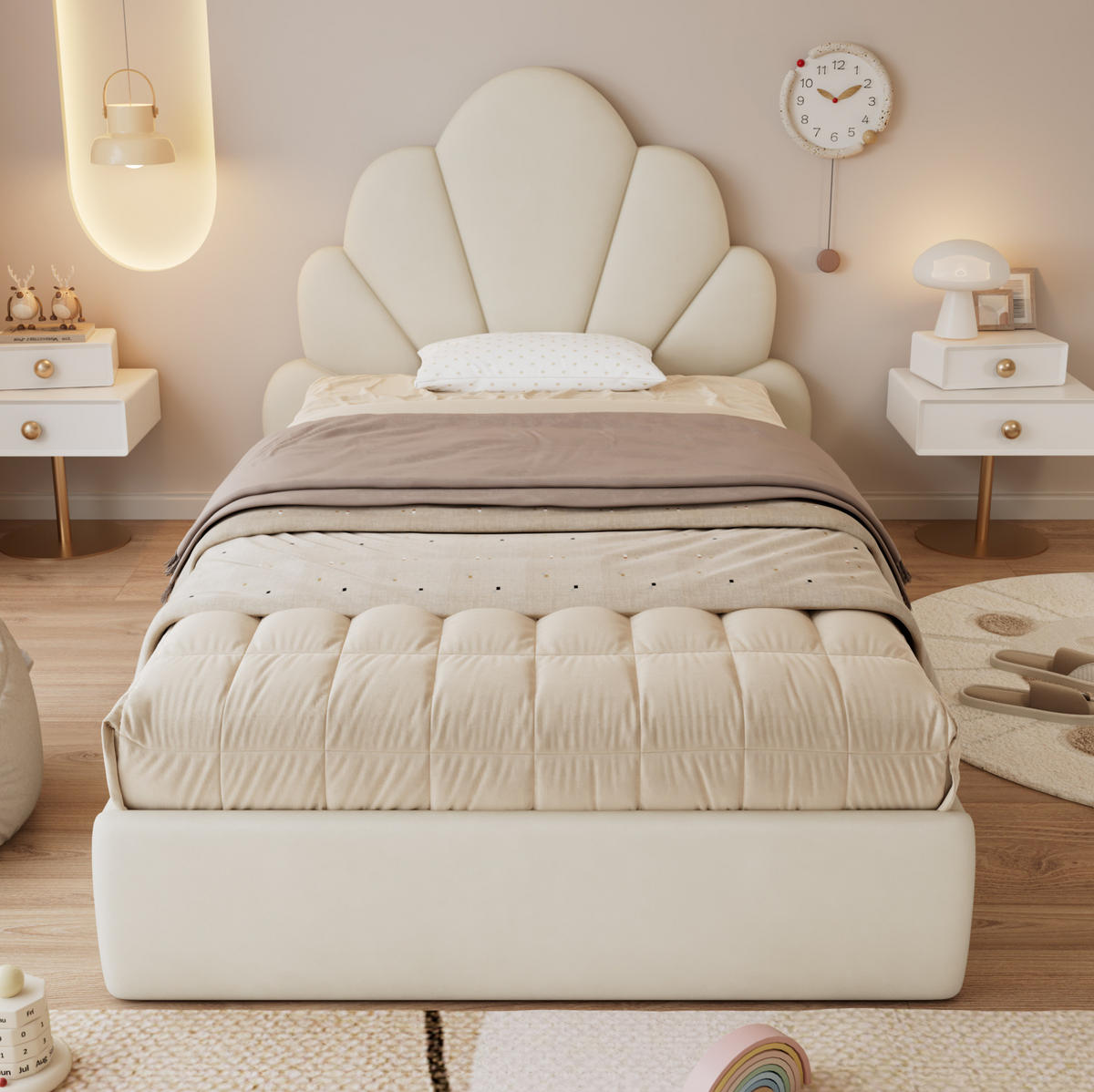 POLSTERBETT 90/200 cm Beige mit Blütenkopfteil aus Samt - Beige, Textil (90/200cm) - OKWISH