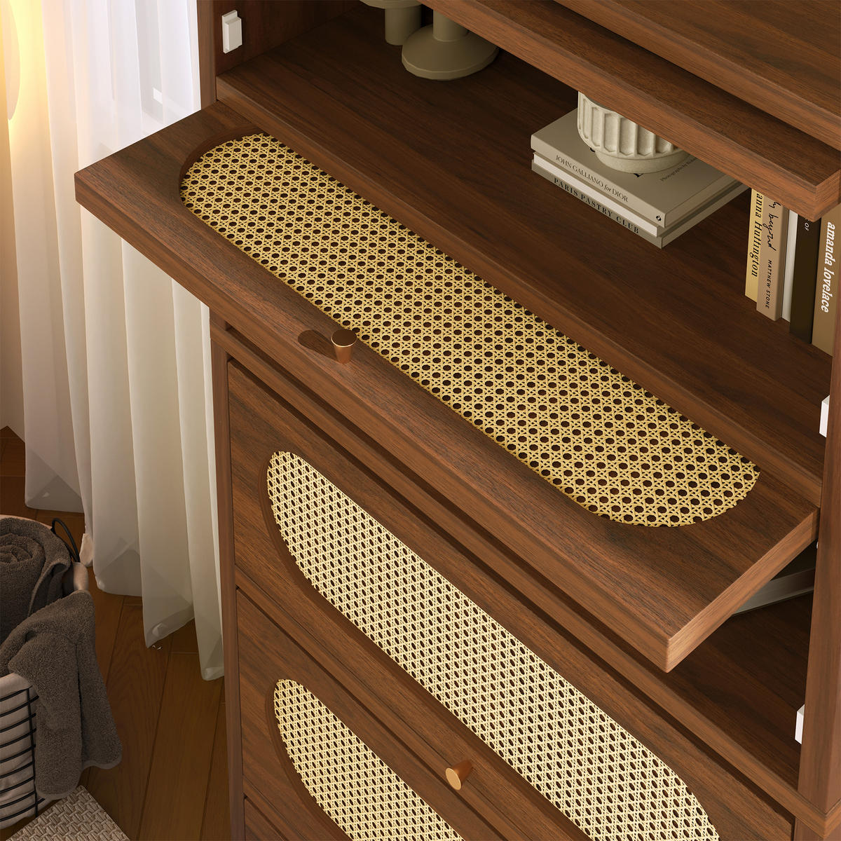 SIDEBOARD 80/40/163 cm in Nussbaum mit Rattanfront und 5 Klappen - Walnussfarben/Schwarz, Holzwerkstoff/Metall (80/163/40cm) - CHICFURN