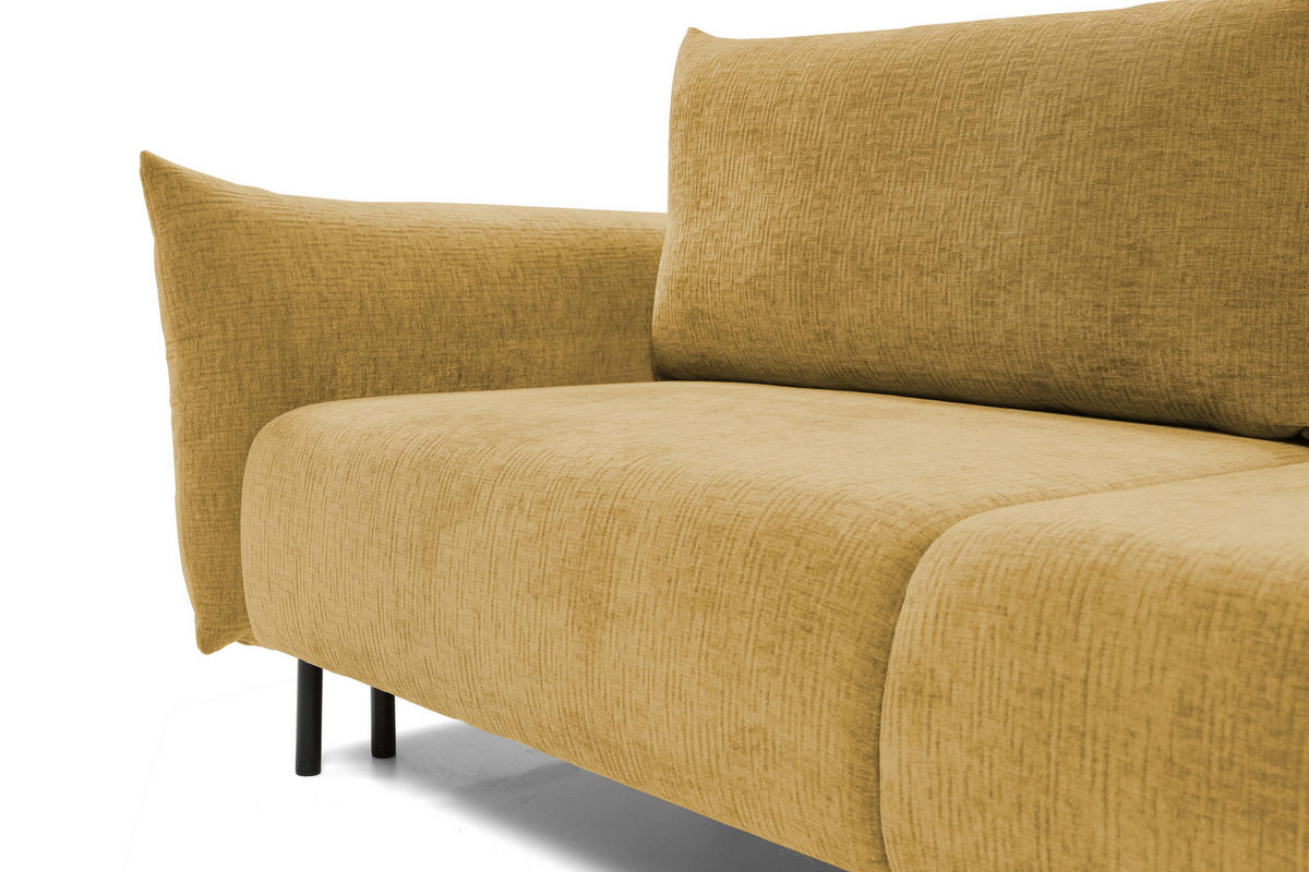 SOFA ADEL - Schlaffunktion Und Bettkasten, Wellenfederung, PUR-Schaum, Schwarze Metallfüße lose Rückenkissen, freistehend, 240x108x75 cm Gold - Goldfarben, Holz/Textil (240/75/108cm) - DomoHome