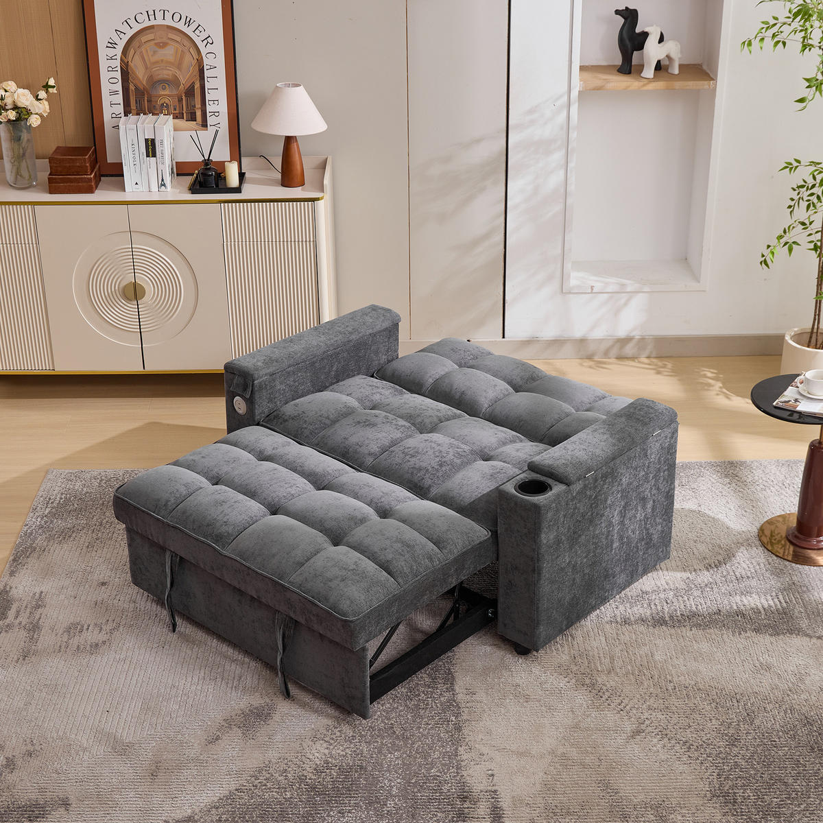 SCHLAFSOFA Stoff 3-in-1 mit USB-Anschluss, ausziehbar 140,5/74/82 cm (bis 161 cm), Grau - Grau, Textil (140.5/82/74cm) - Redom