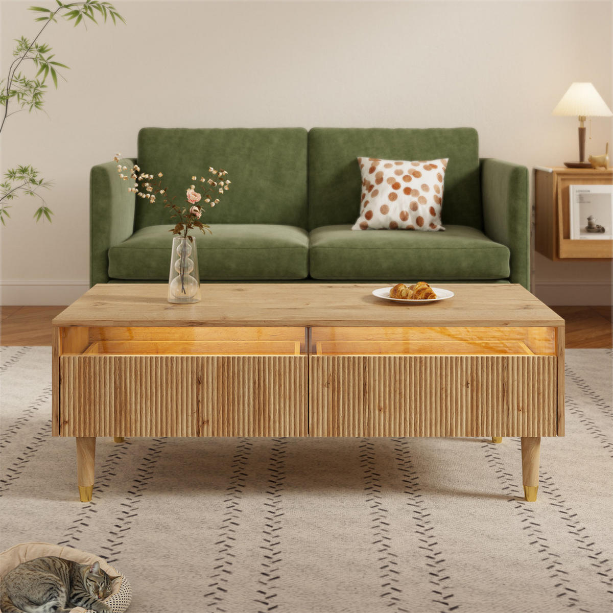 COUCHTISCH LED Farbwechsel Wellenplatte Gold-Holzbeine 2 Schubladen Modern - Braun, Holz (119/57.78/12.7cm) - FLIEKS