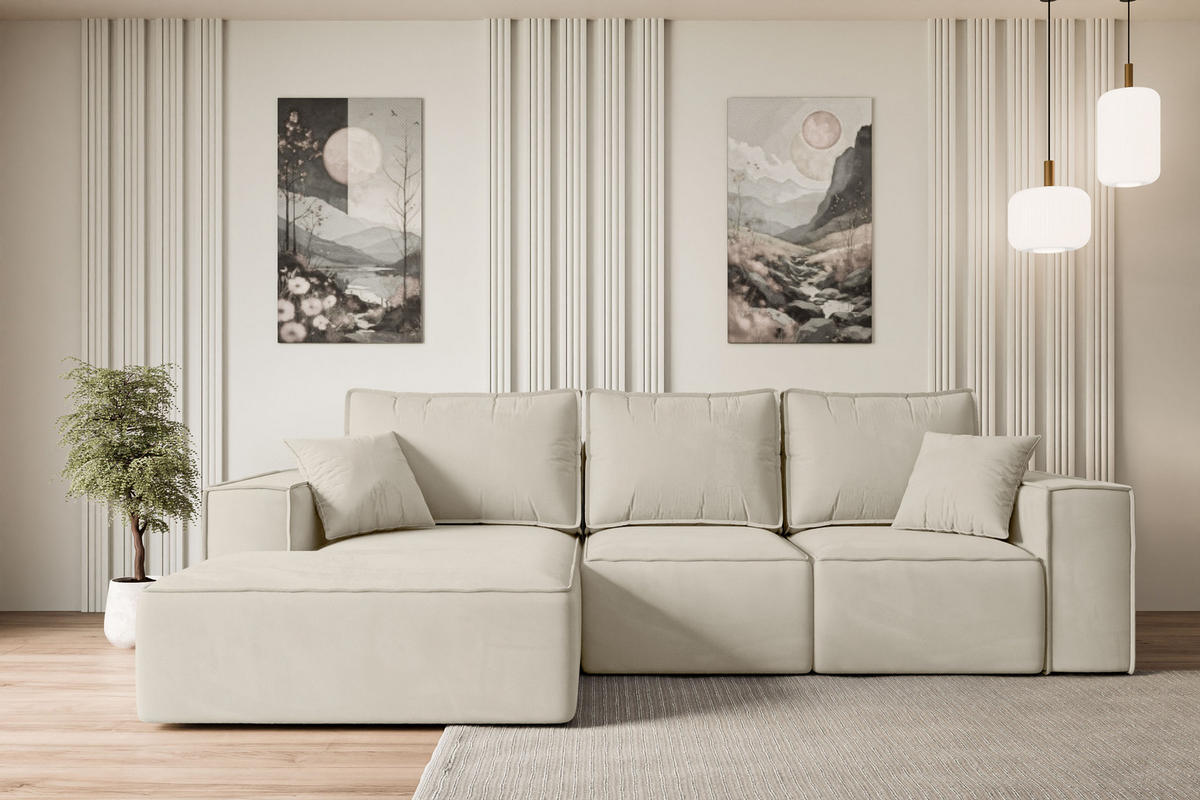 ECKSOFA mit Schlaffunktion und Bettkasten SERRA-L-S - 266x161x87 cm Beige Velours - Beige/Schwarz, Holzwerkstoff/Kunststoff (266/161cm) - ALTDECOR