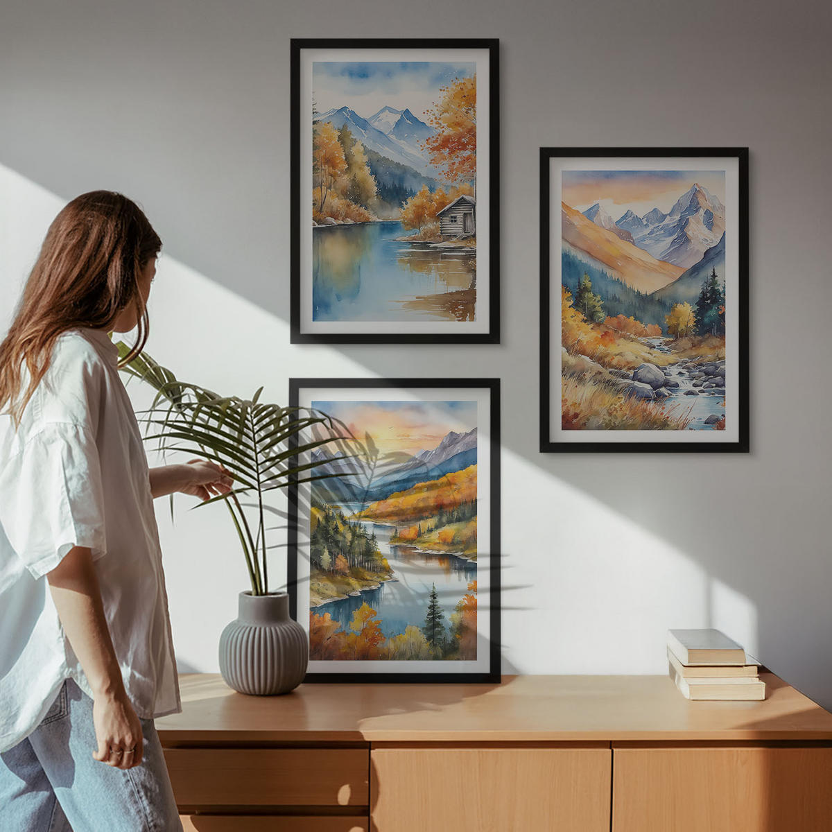 WANDBILDER 3er-Set - 40x60 cm Schwarzer Rahmen - Berglandschaft, Fluss, Herbst - Schwarz, Kunststoff (40/60cm) - ArtPrintCave