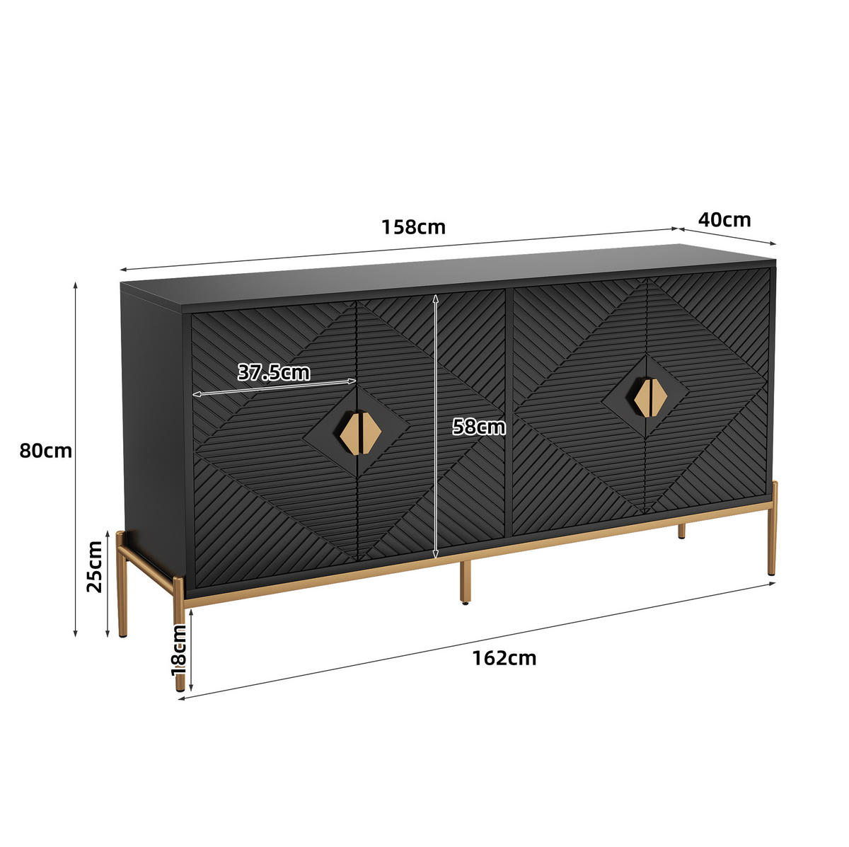 KOMMODE 162/40/80 cm in Schwarz mit 4 Türen und goldfarbenen Metallbeinen - Schwarz, Holzwerkstoff (162/80/40cm) - Flora Grace