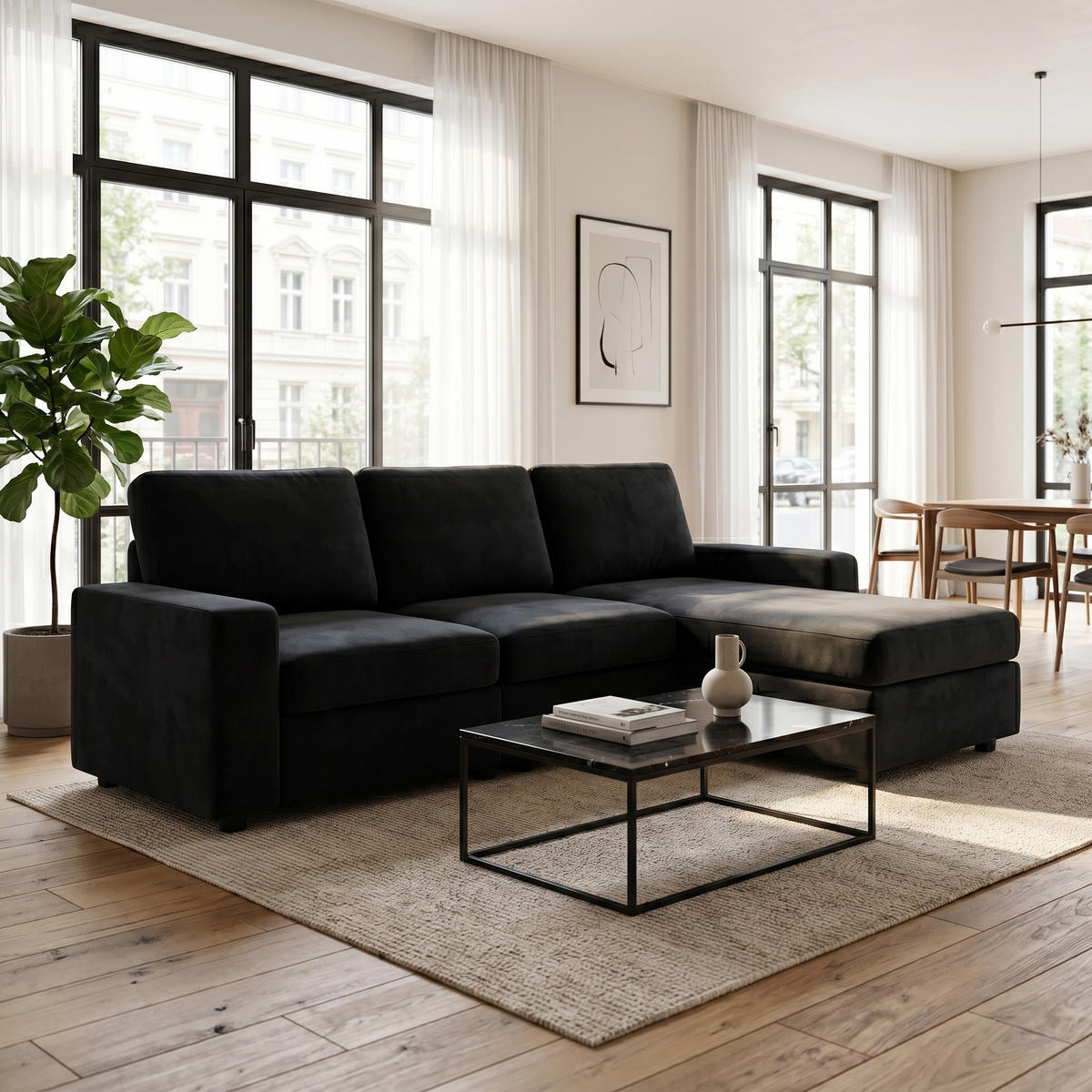 ECKSOFA Polyester Schwarz mit Stauraum - Schwarz, Holzwerkstoff/Textil (245.5/150.5cm) - WISHDOR