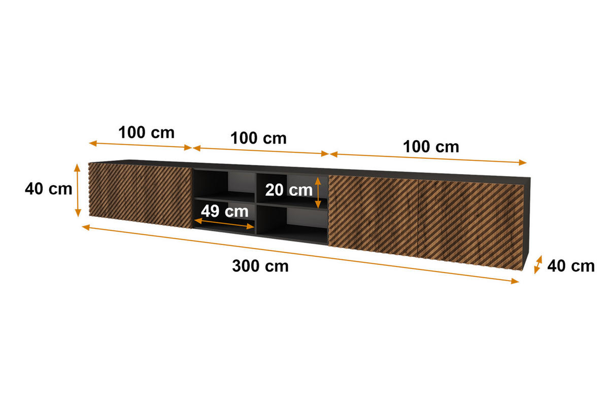 LOWBOARD ZENO-W 3x100x40x40 cm - Schwarz / Katania - Eiche Wotan, Holzwerkstoff (300/40/40cm) - ALTDECOR