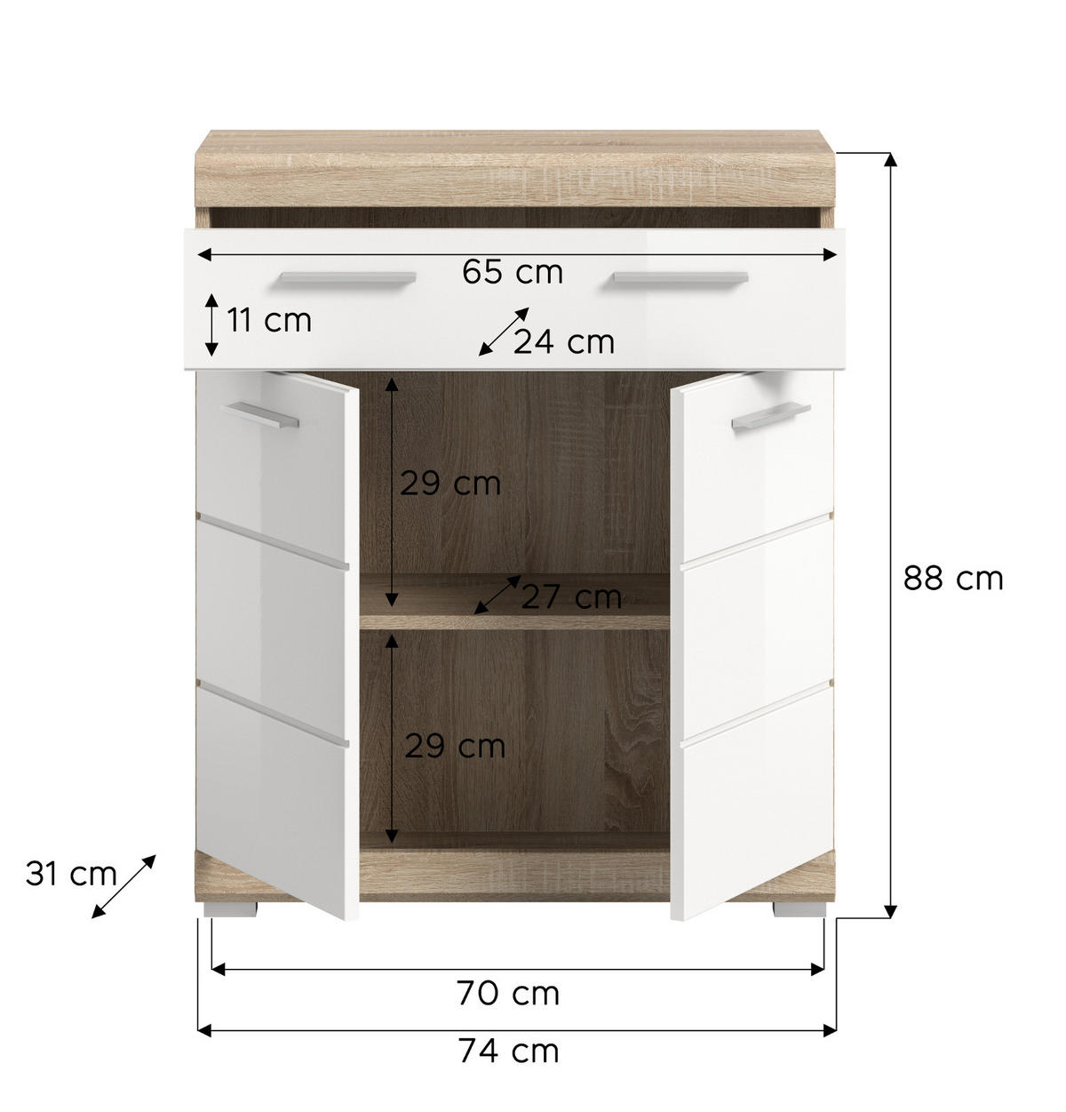 KOMMODE weiß Hochglanz, Eiche 74 x 88 cm, Badschrank mit Vollauszug - Weiß Hochglanz/Eichefarben, Holzwerkstoff/Kunststoff (74/88/31cm) - Inn.Furn