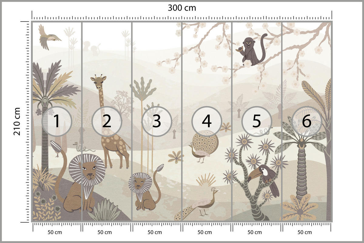 FOTOTAPETE für Kinderzimmer Safari Wilde Tiere Dschungel Boho Palmen Giraffe 300x210 - Beige/Creme, Papier (300/210cm) - Muralo