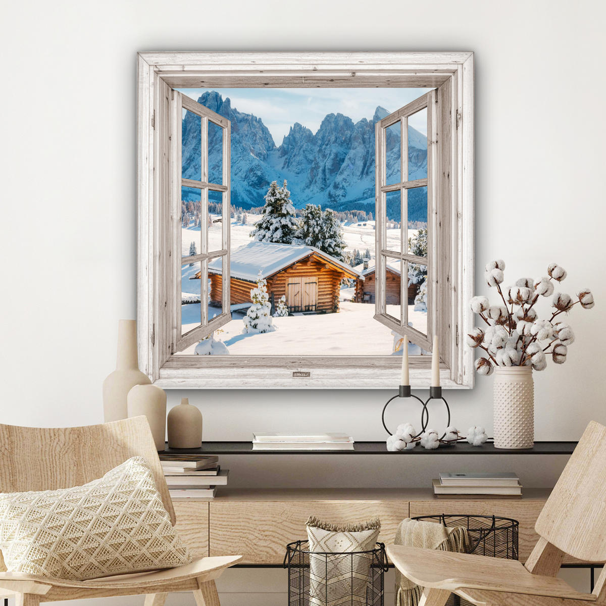 LEINWANDBILD Winterlandschaft - Hütte - Berge - Ausblicke - Aussicht - Natur Deko Groß 90x90 cm - Weiß Hochglanz, Textil (90/90cm) - MuchoWow