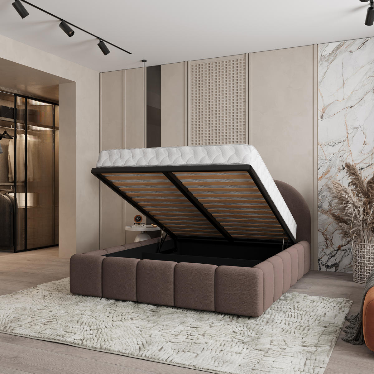 POLSTERBETT FLUSSO 140x200 cm mit Bettkästen - Braun - Braun, Holz (140/200cm) - MASSENO