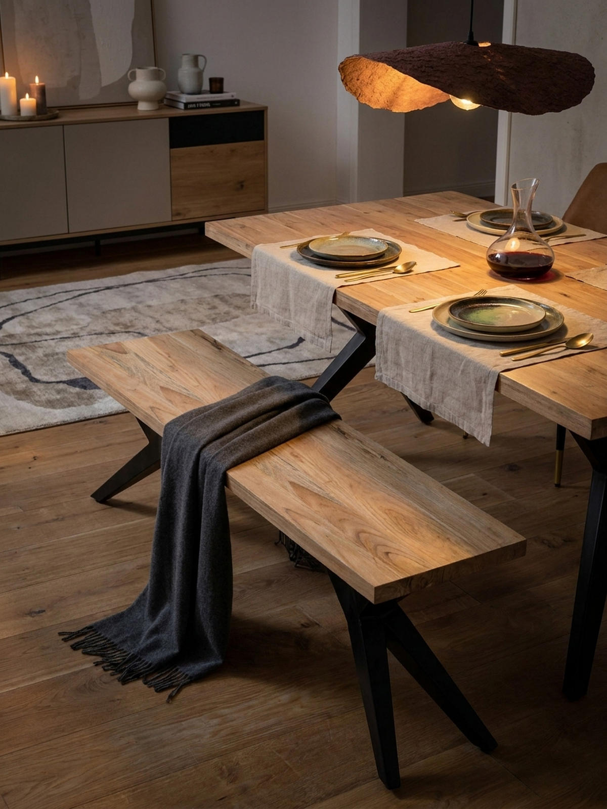 ESSZIMMERBANK Massivholz Metall Loft-Stil, Akazie 175x45x45 cm - Schwarz/Braun, Holz/Metall (175/45/45cm) - KADIMA DESIGN