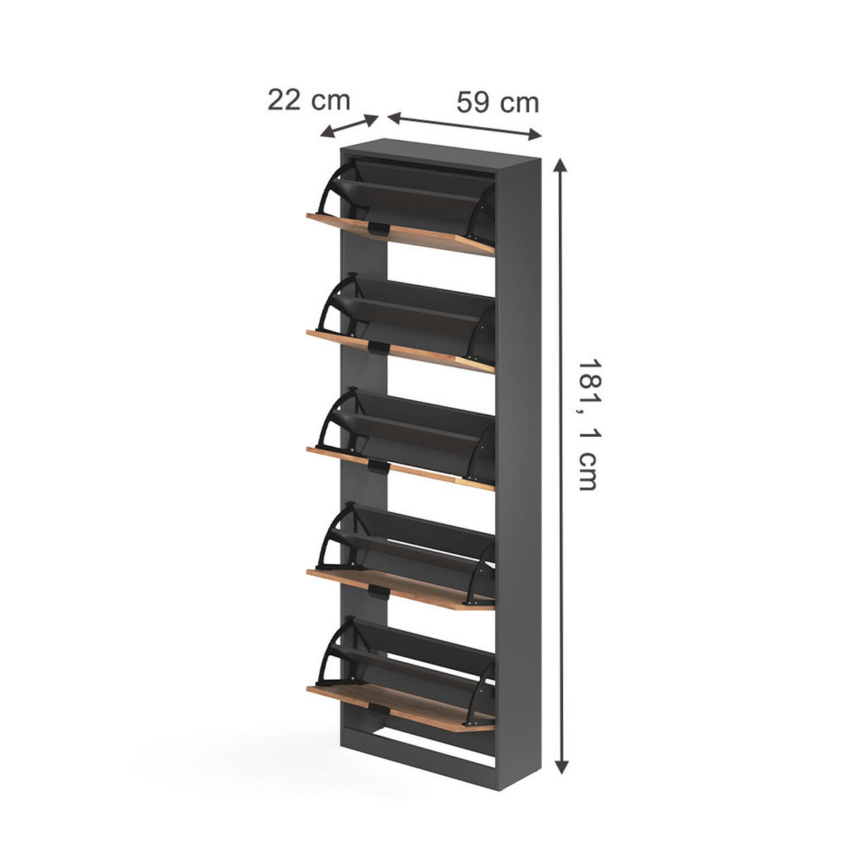 SCHUHKIPPER Gizmo, Goldkraft Eiche/Anthrazit, 59 x 181.1 cm mit 5 Fächern - Honigeiche/Anthrazit, Holzwerkstoff (59/181.1/22cm) - Vicco
