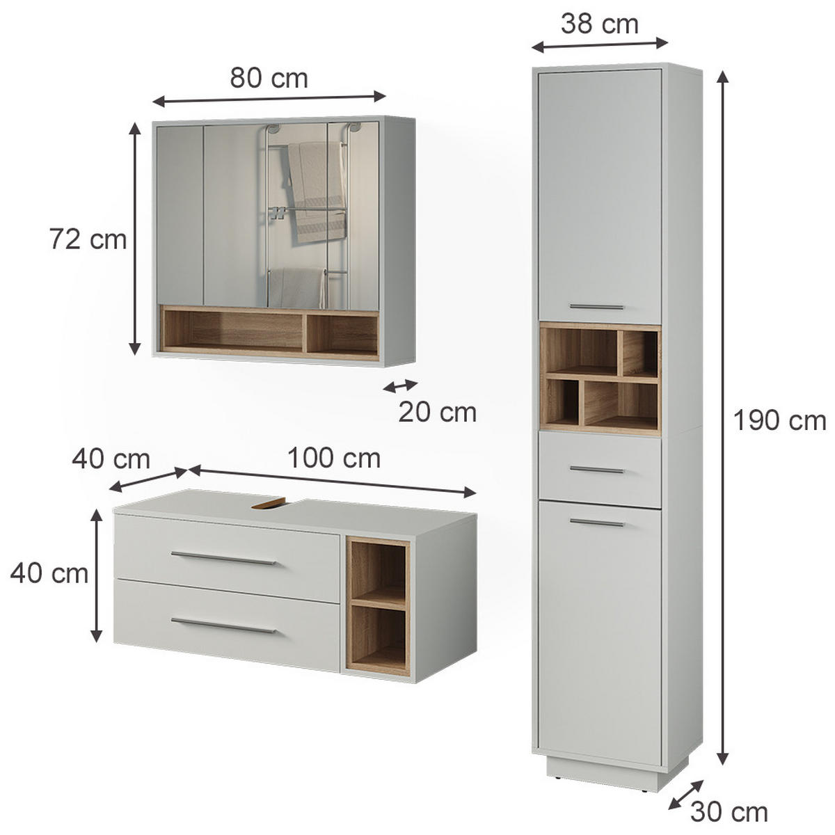 BADMÖBEL-SET Beatrice, Weiß/Sonoma, 3-teilig - Weiß/Sonoma Eiche, Holzwerkstoff (100/40/40cm) - Vicco