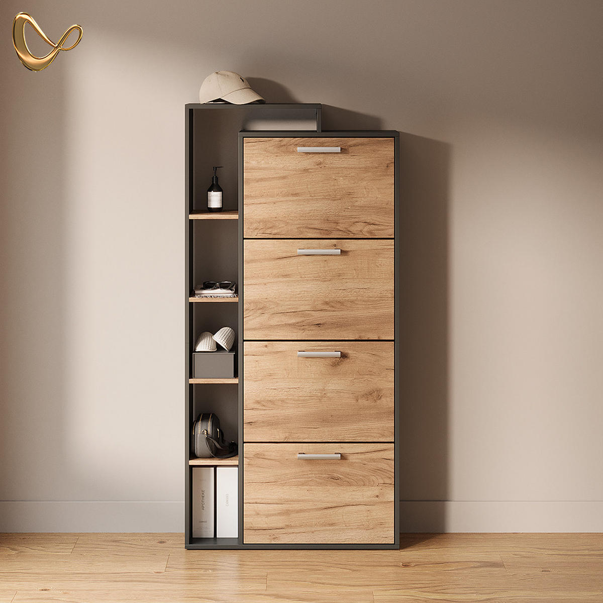 SCHUHKIPPER Ortello Goldkraft Eiche/Anthrazit 80 x 166.1 cm mit 4 Fächern - Honigeiche/Anthrazit, Holzwerkstoff (80/166.1/24.2cm) - Livinity®