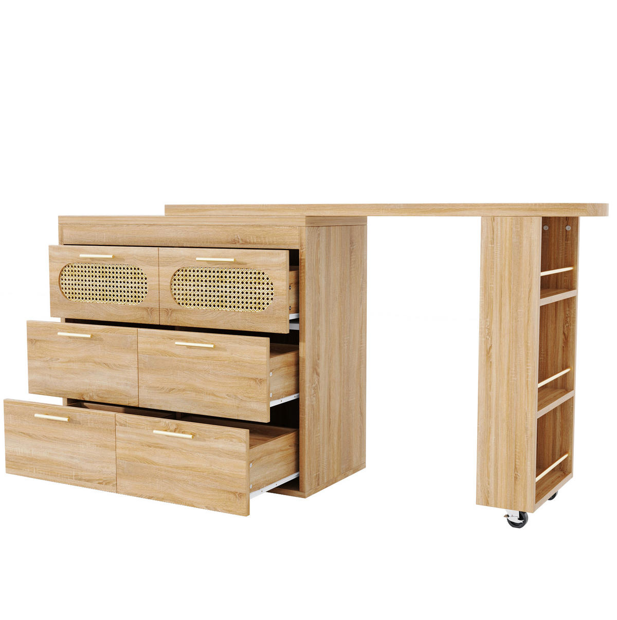 BARTISCH 128-203/39/90 cm drehbar mit 6 Schubladen, Ablagefach und Kippsicherung, MDF mit PE-Rattan, Natur - Naturfarben, Holzwerkstoff (39/203/90cm) - Redom