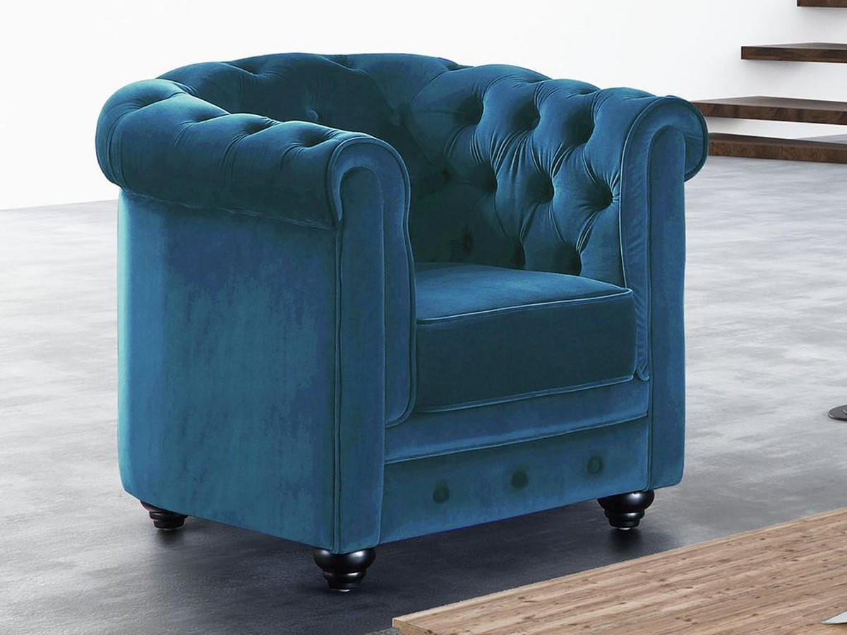 SESSEL - Samt - Grünblau - CHESTERFIELD - Blau, Textil (78/72/85cm) - Vente-Unique