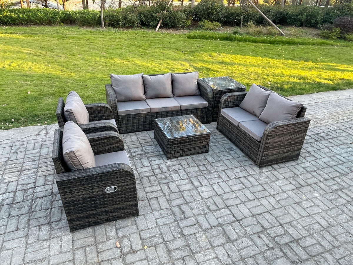 GARTENSOFA SET mit Couchtisch Polyrattan Dunkelgrau 6-teilige - Dunkelgrau/Grau, Glas/Kunststoff - Fimous