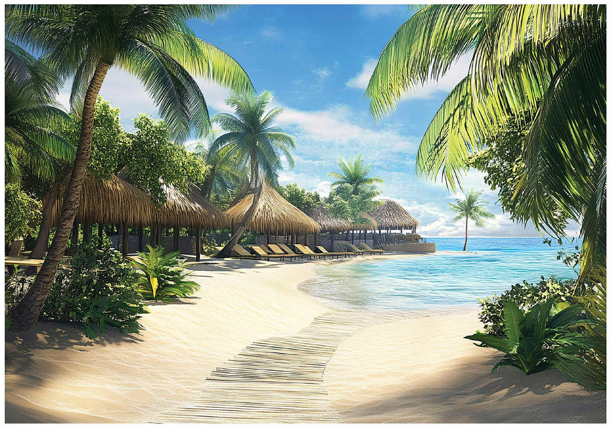 FOTOTAPETE 3D Effekt Strand Palmen Meer 350x250 - Multicolor, Papier (350/250cm) - Wallarena