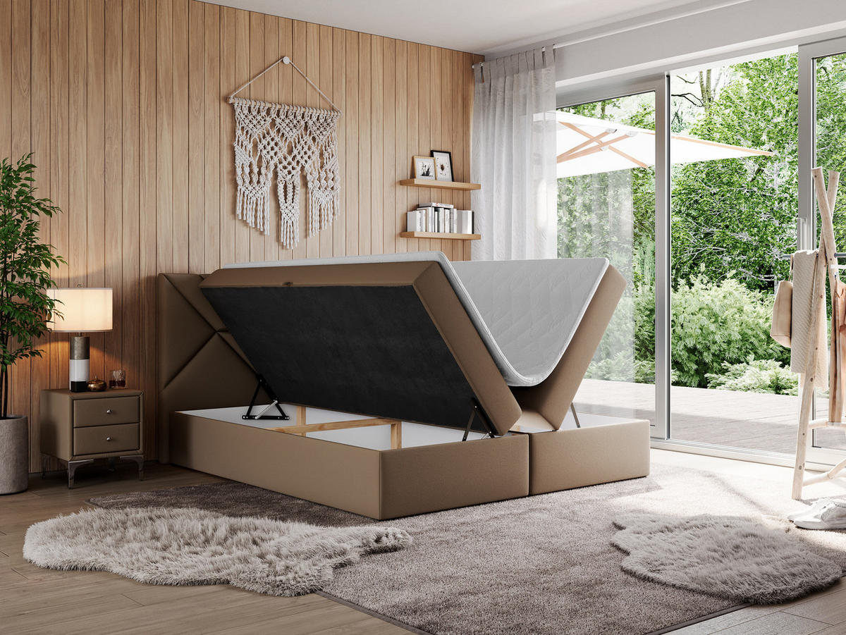 BOXBETT NEOMI 180/200 - Braun Kunstleder - H4 - Topper T25 - Braun, Holz/Textil (180/200cm)