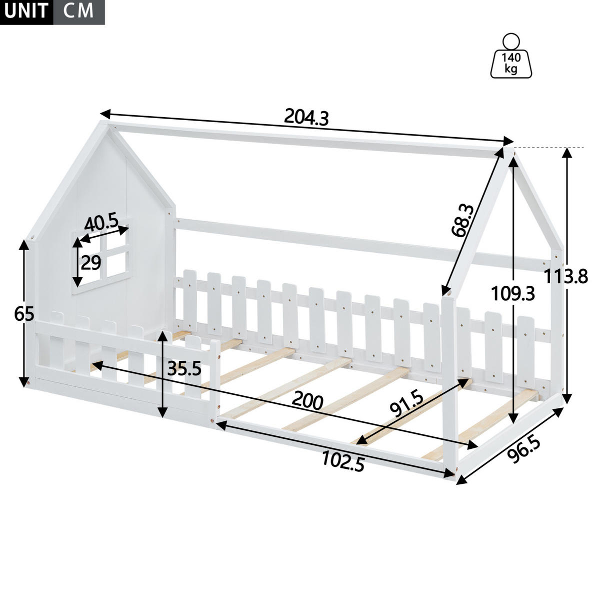 HAUSBETT 90/200 cm Weiß aus Kiefer mit minimalistischer Form - Weiß, Holz (90/200cm) - OKWISH