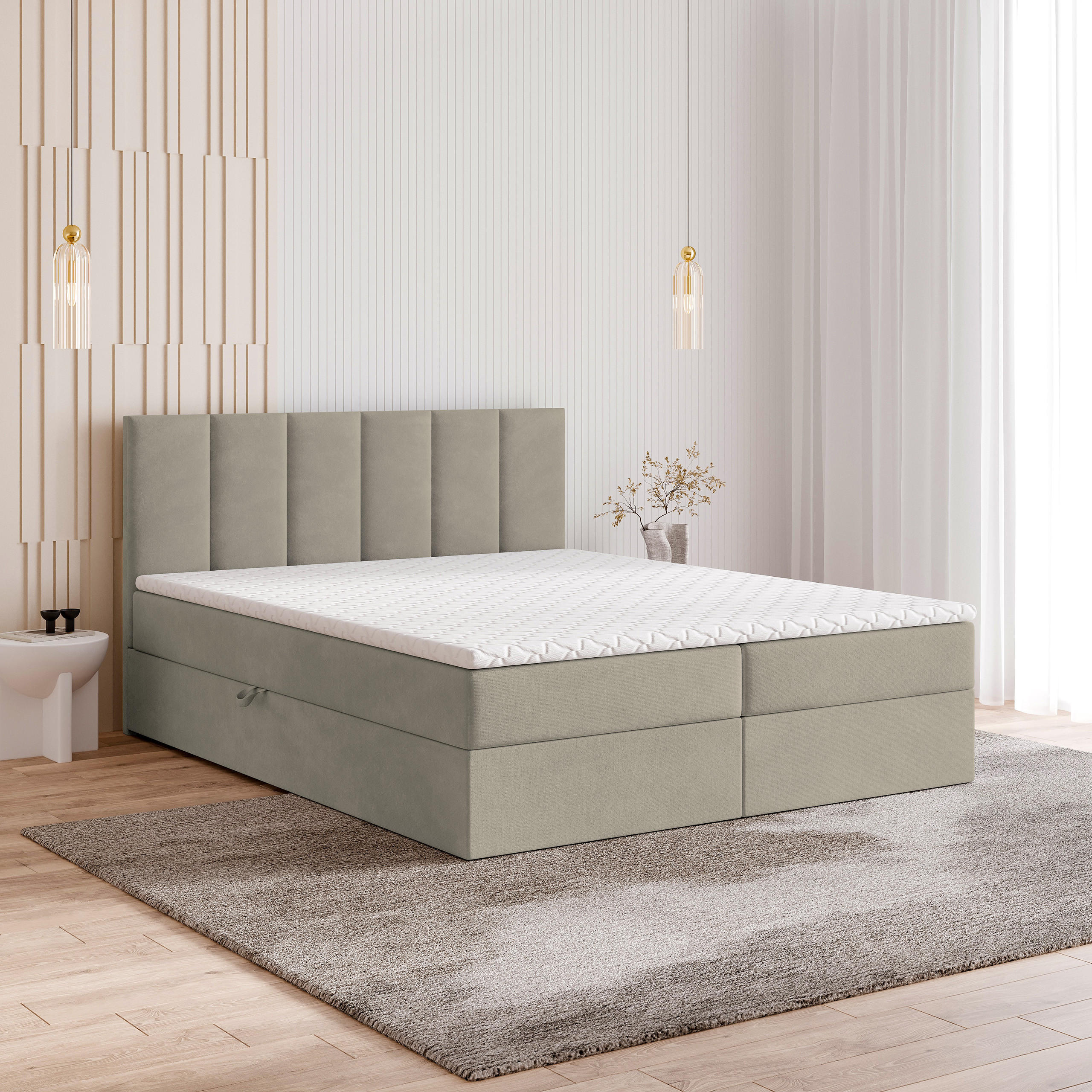 BOXBETT MERIL 140x200 cm mit Matratze und Topper - Beige - Beige, Holz (140/200cm) - MASSENO