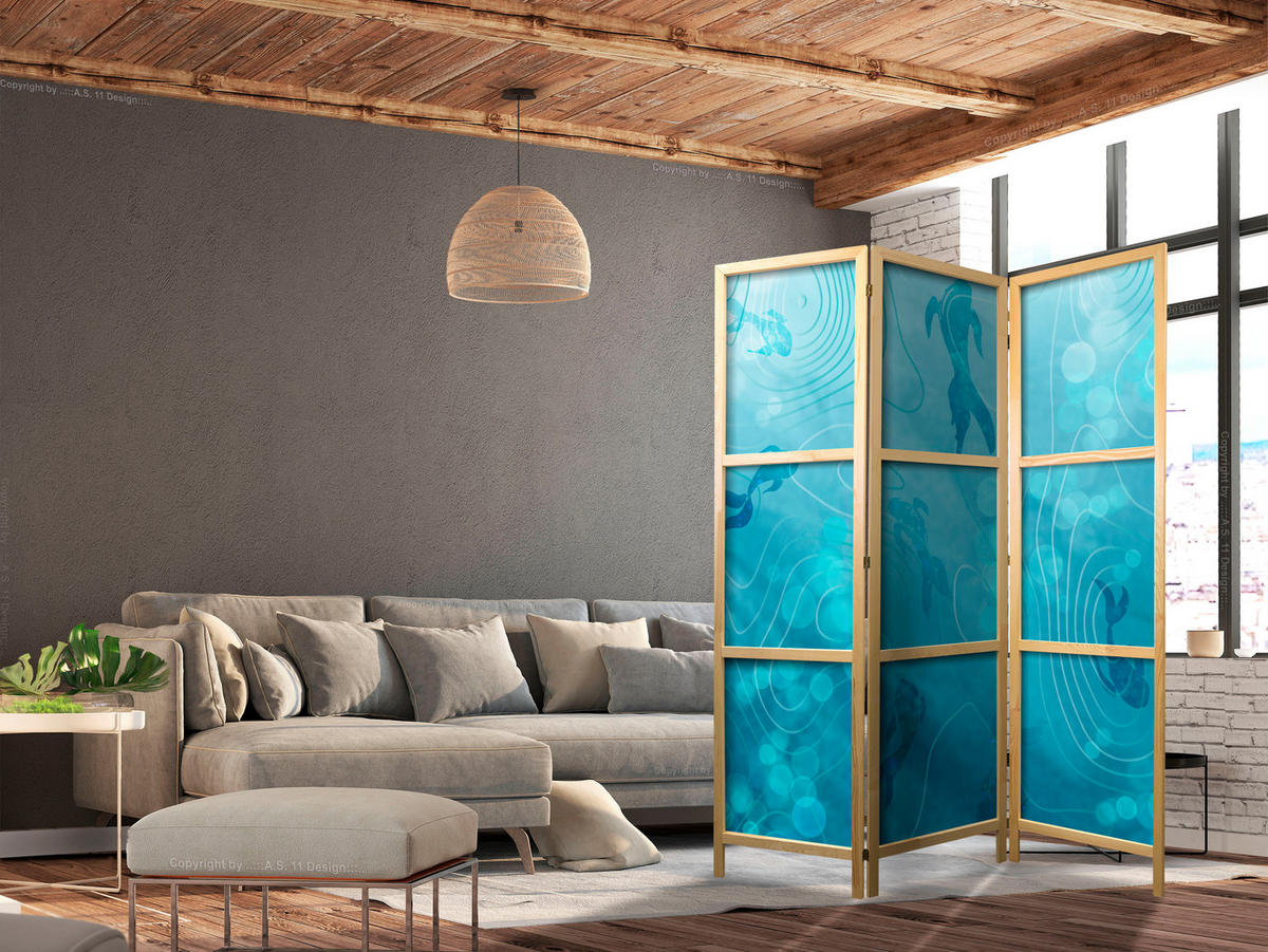 PARAVENT Japanischer 3-tlg 135x172 cm Fische unter Wasser - Blau, Holz/Textil (135/172/3cm) - Muralo