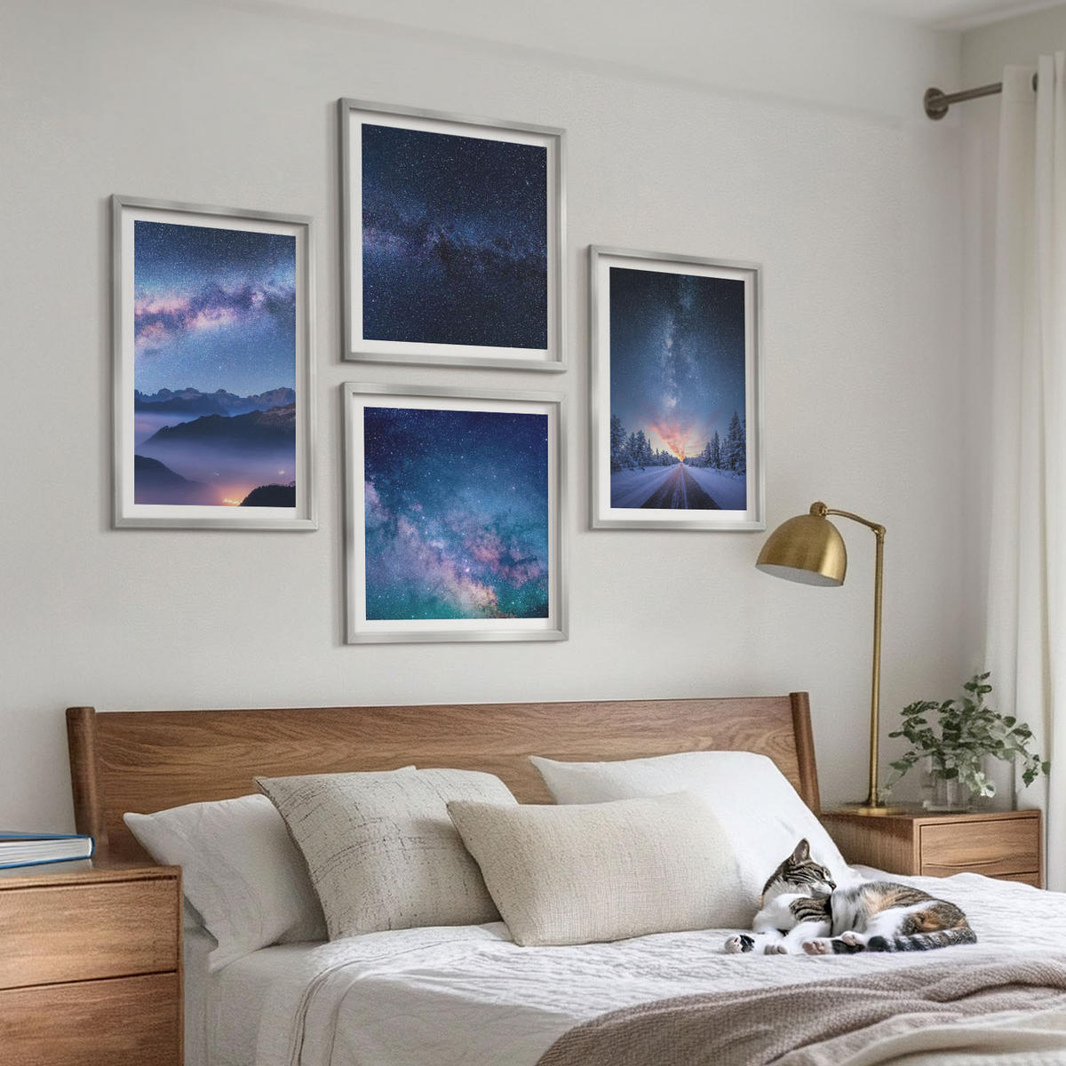 BILDER SET 4er Set - 50x50 cm & 40x60 cm Silberner Rahmen - Nachthimmel, Berge, Winter, Weltraum - Silberfarben, Kunststoff (50/50cm) - TULUP