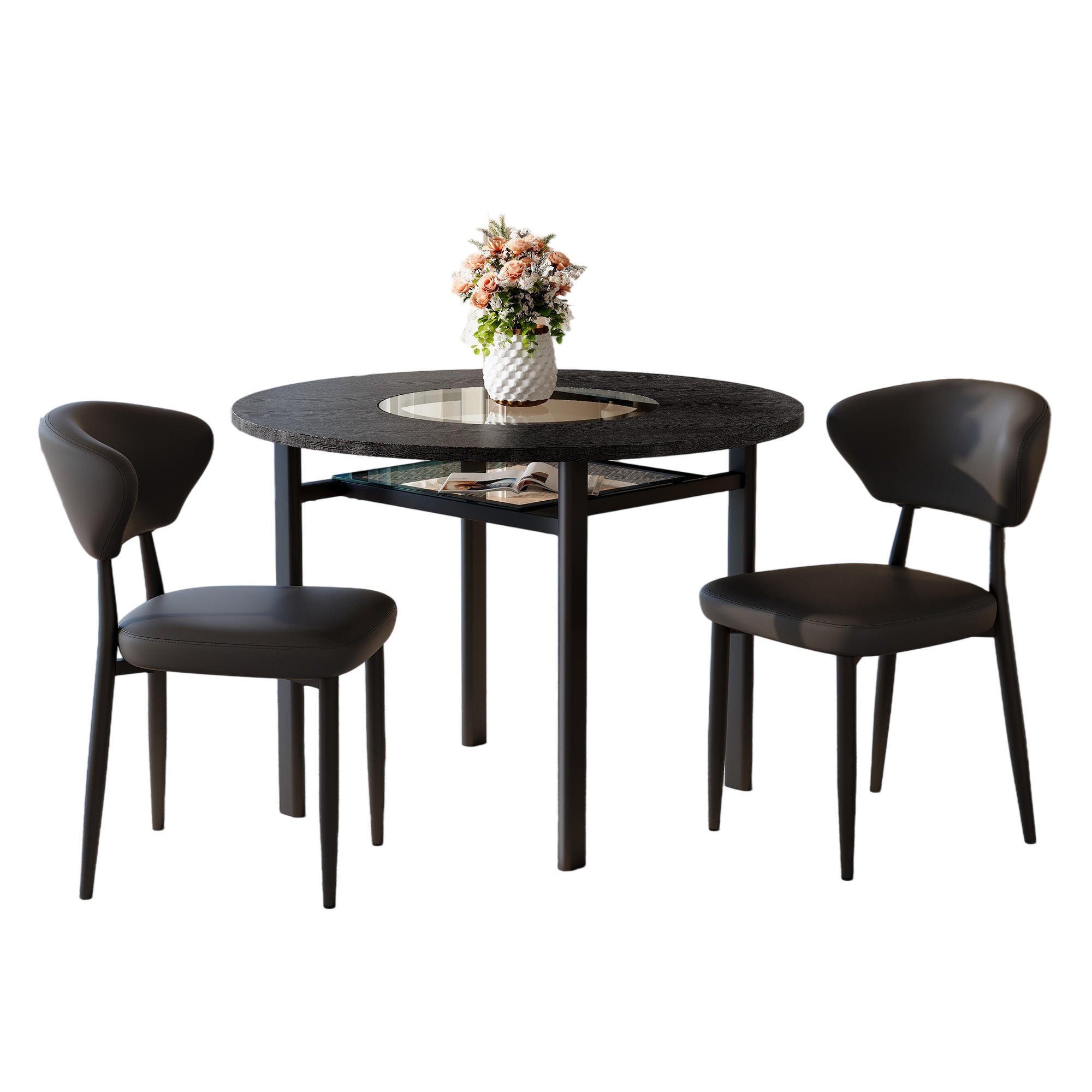 ESSGRUPPE DE-39376 3-teilig, mit 2 PU-Sesseln und Glasplatte Schwarz - Schwarz, Holzwerkstoff (100/76/100cm) - ComfortXL