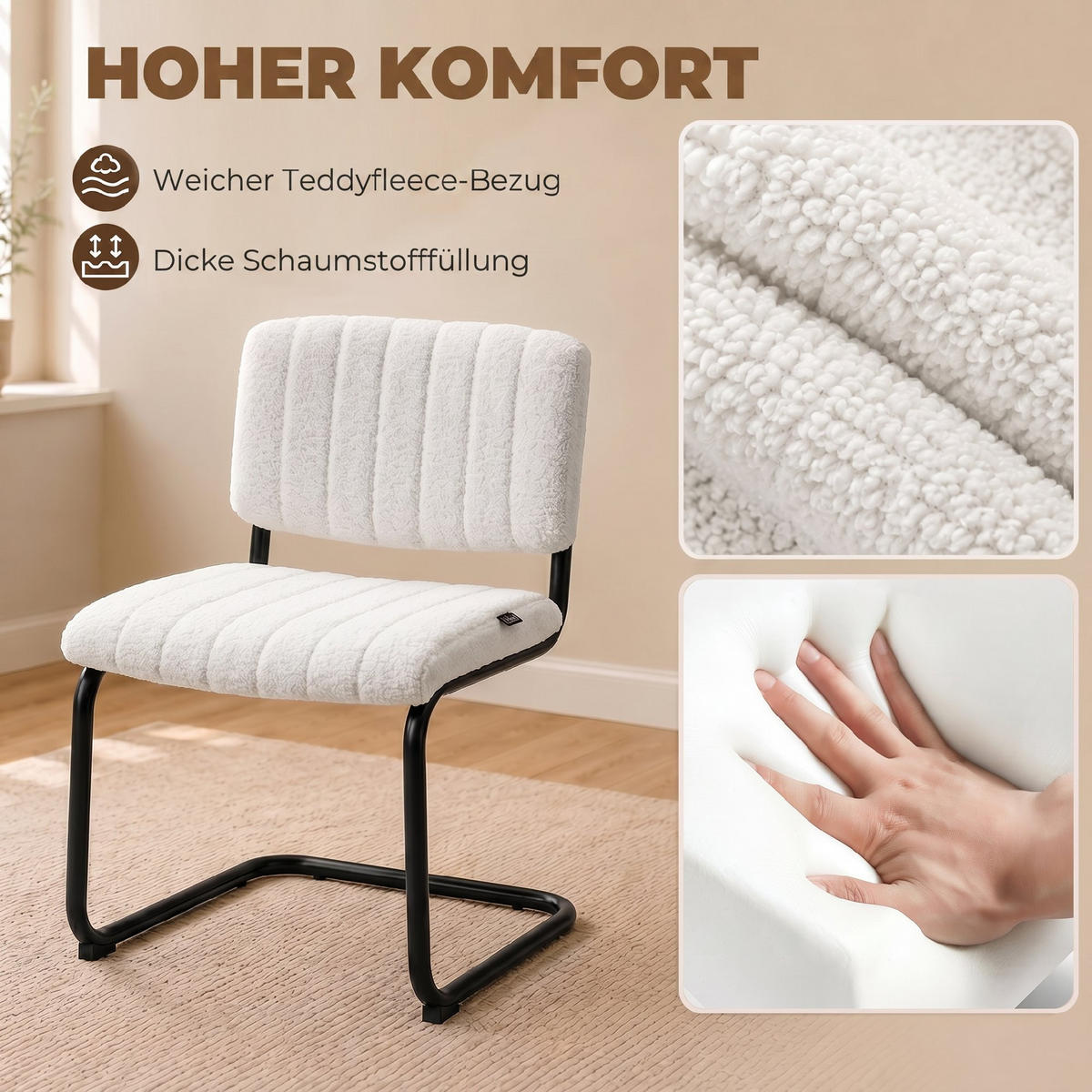 ESSZIMMERSTÜHLE 2er Set Polyester Cremeweiß - Creme/Schwarz, Textil/Metall (48/76/55cm) - HOMCOM