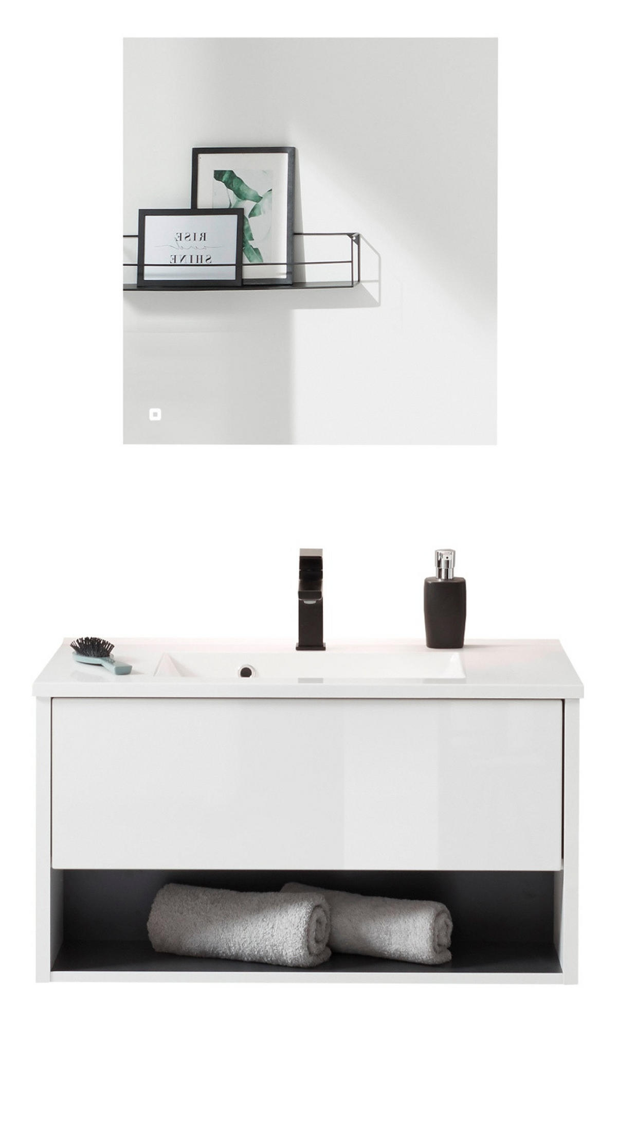 BADMÖBEL Set in weiß Hochglanz und grau mit Waschbecken und LED Beleuchtung 80 x 190 cm Glide - Weiß Hochglanz/Grau, Glas/Holzwerkstoff (80/190/47cm) - Furn.Design