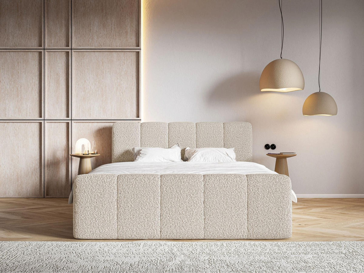 BOXBETT Cloudy II mit Bettkästen und Topper Bouclé Hellbeige, 200x200 cm - Ecru/Schwarz, Kunststoff/Textil (200/200cm) - Selsey