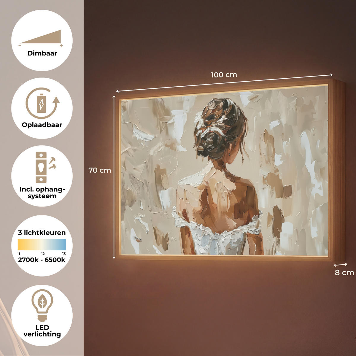 NÁSTĚNNÁ LAMPA S AKUMULÁTOREM Žena - malba - abstraktní - béžová - moderní 100x70 cm - světle hnědá, kompozitní dřevo (100/70/8cm) - OnlyWow