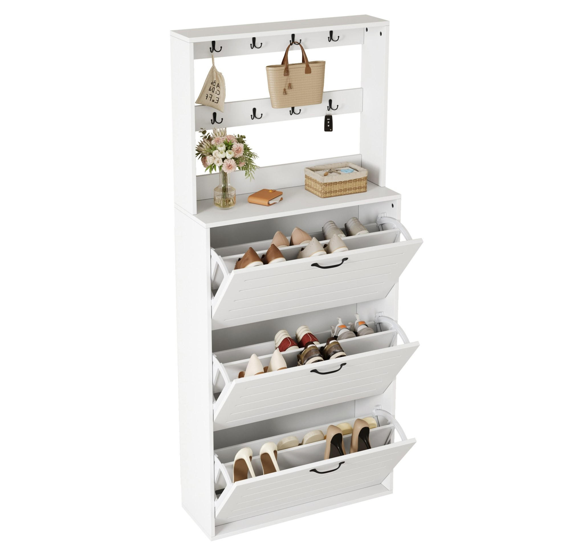 SCHUHSCHRANK mit Haken 70 x 25 x 165 cm Weiß - Weiß, Holz (25/163/70cm) - Beauniv