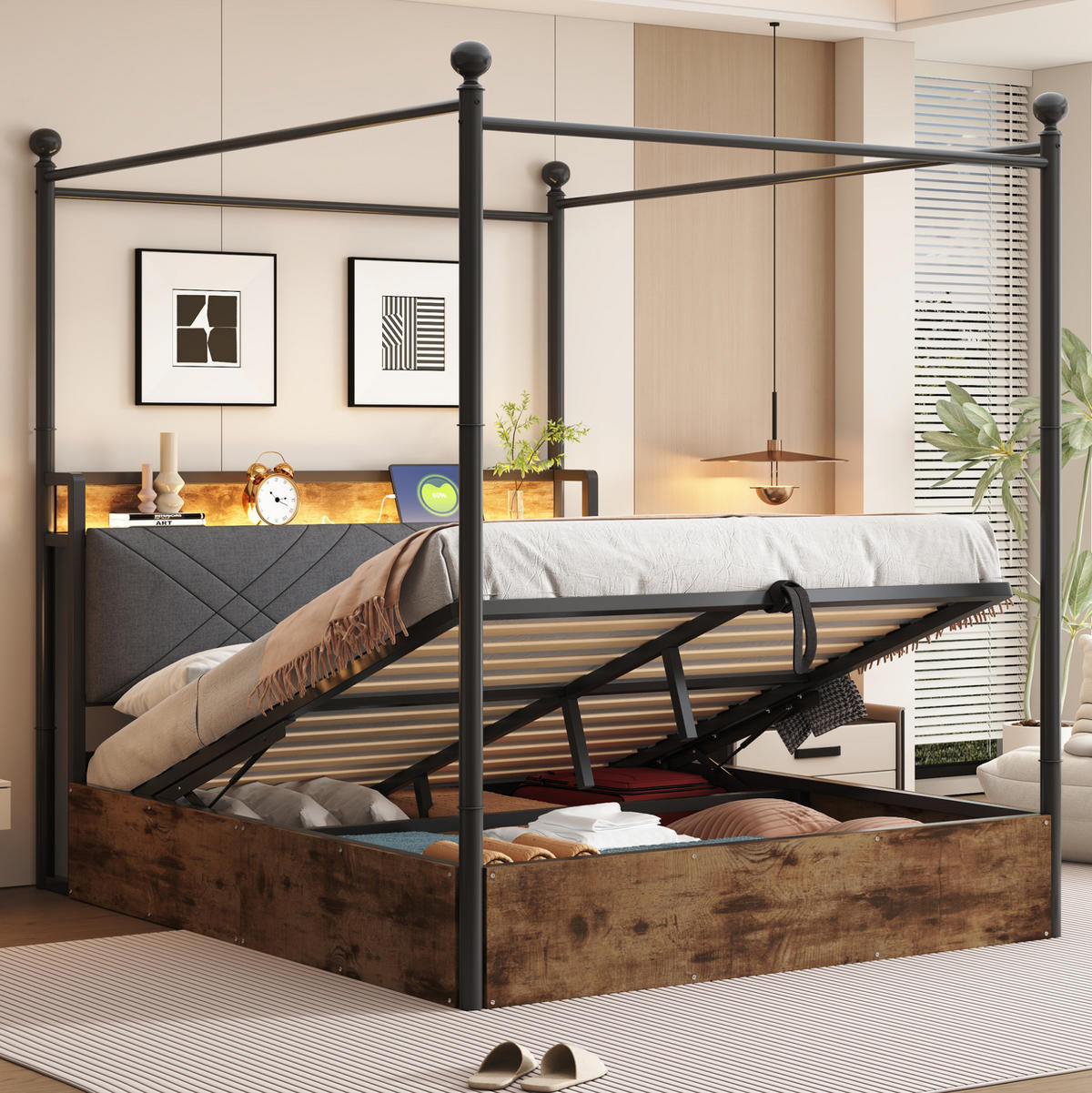 METALLBETT 140/190 cm in Schwarz mit Stauraum, LED-Beleuchtung und USB-/Type-C - Schwarz, Metall (140/190cm) - Flora Grace
