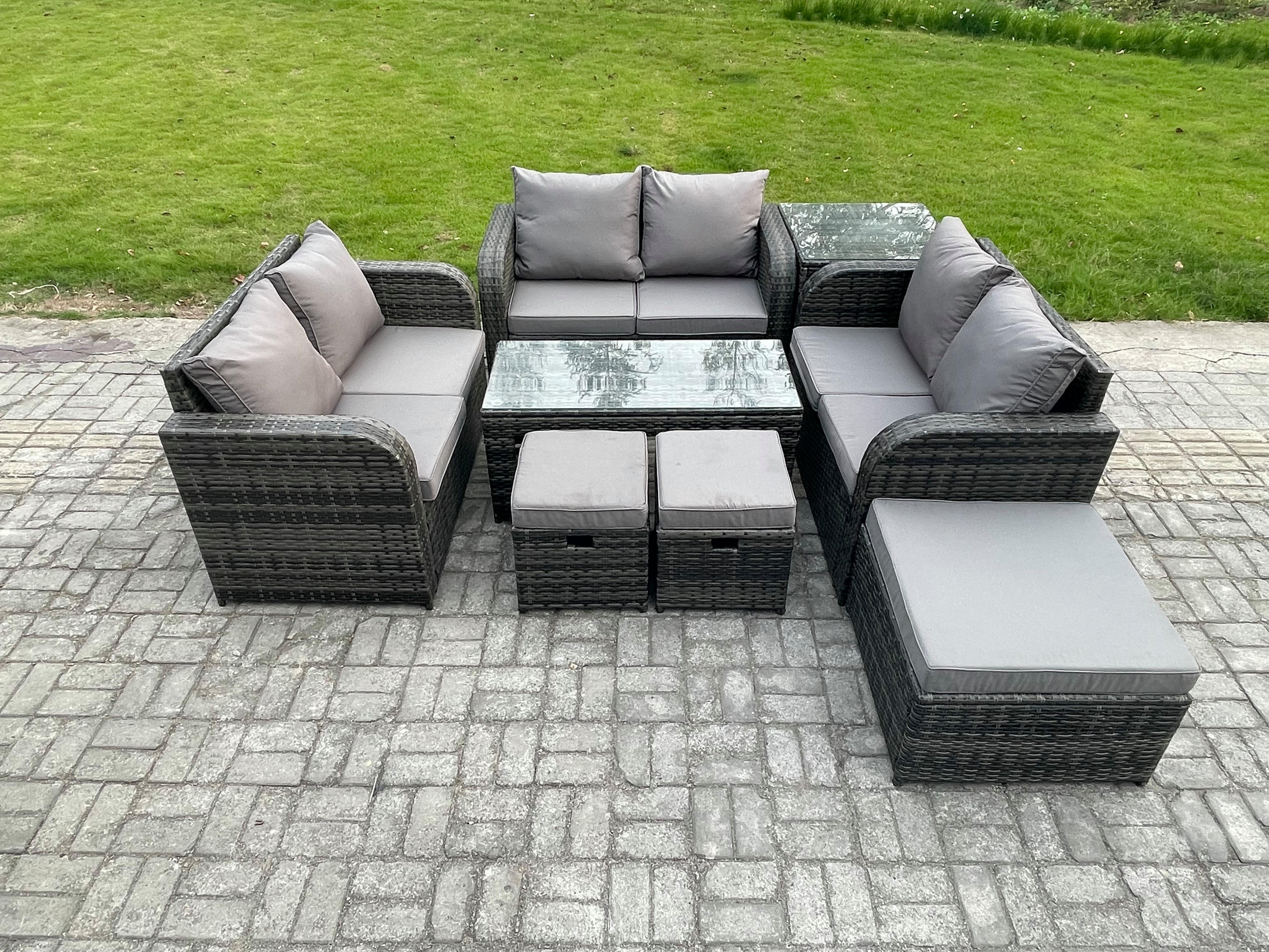GARTENSOFA SET mit rechteckigem COUCHTISCH Polyrattan 9-Sitzer Dunkelgrau - Dunkelgrau/Grau, Glas/Kunststoff - Fimous