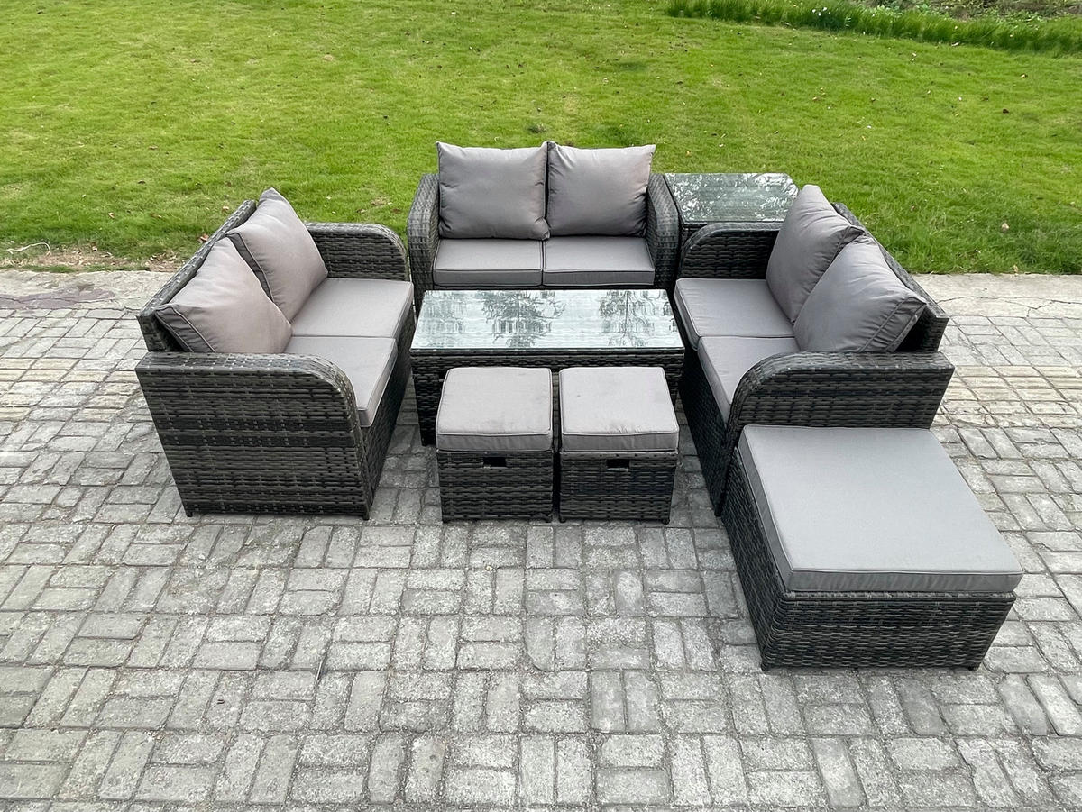 GARTENSOFA SET mit rechteckigem COUCHTISCH Polyrattan 9-Sitzer Dunkelgrau - Dunkelgrau/Grau, Glas/Kunststoff - Fimous