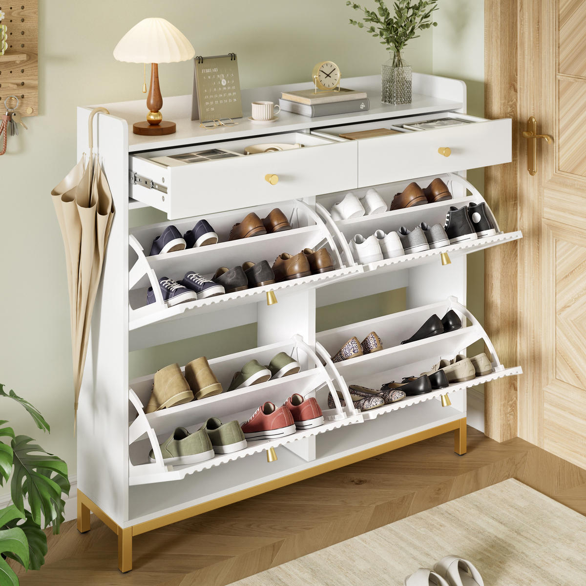 SCHUHSCHRANK 106.5x25x107cm Weiß mit 4 Klappen, 2 Schubl. - Weiß, Holzwerkstoff (106.5/107/25cm) - FLIEKS