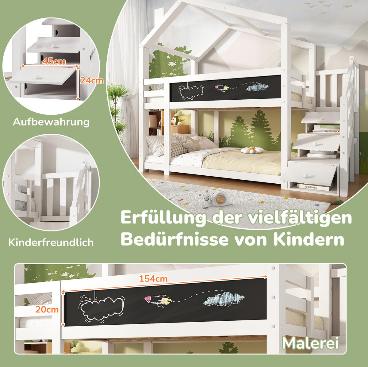 ETAGENBETT 90/200 cm mit Stauraumtreppe, Tafel und Rausfallschutz, Weiß - Weiß, Holzwerkstoff (90/90cm) - Redom