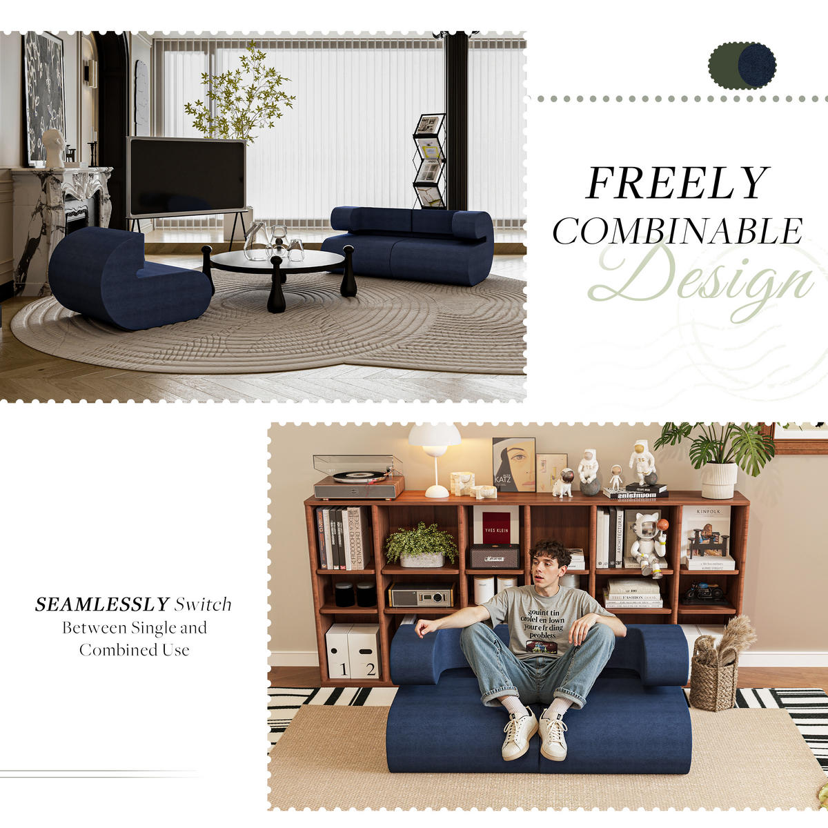 SOFA Modulares Sofa Kommaform Blau Mittlere Rückenlehne - Blau, Textil (76/66/90cm) - Vercart