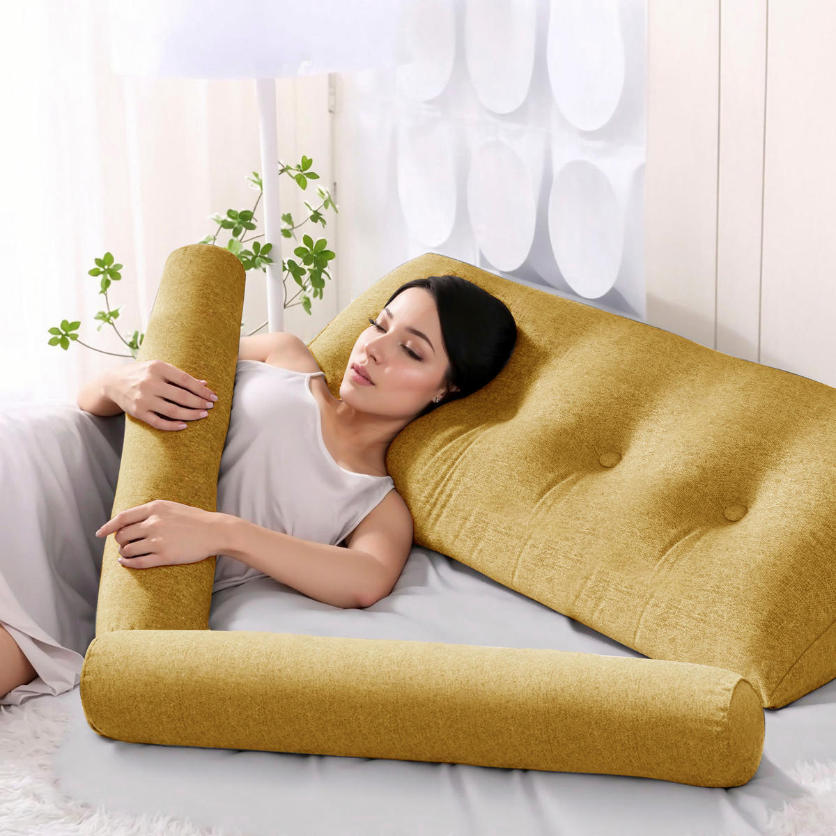KEILKISSEN mit einem runden Kissen 2er-Set Leinen gelb 140cm - Gelb, Textil (20/140cm) - Vercart