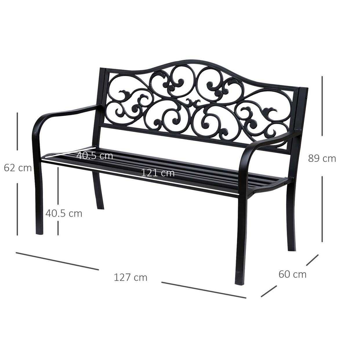 GARTENBANK 3 Sitzer Stahl schwarz - Schwarz, Metall (127/89/60cm) - LEBENLANG