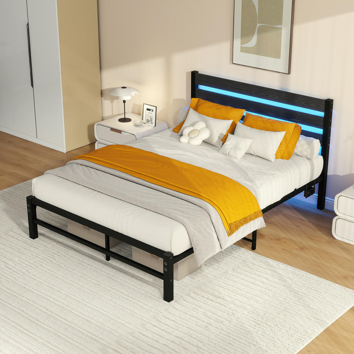 METALLBETT 140/200 cm Schwarz mit USB-Ladestation und LED-Bettrahmen - Schwarz, Metall (140/200cm) - Oxeza