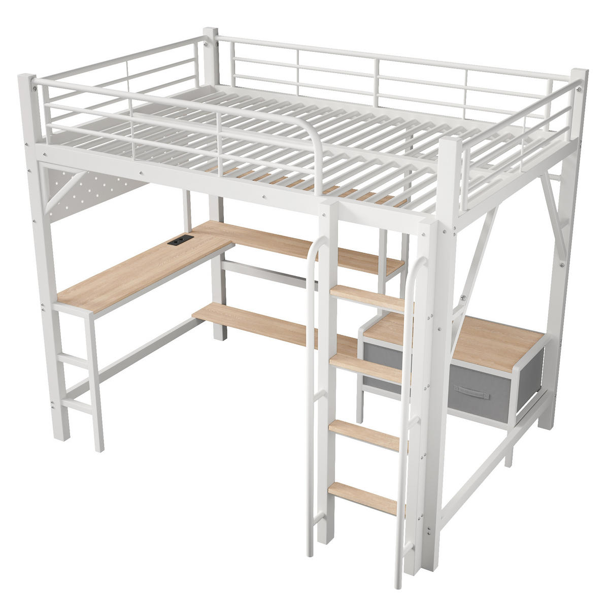 HOCHBETT 140/200 cm mit Schreibtisch und LED, DE-42034, in Weiß - Weiß, Metall (140/200cm) - ComfortXL
