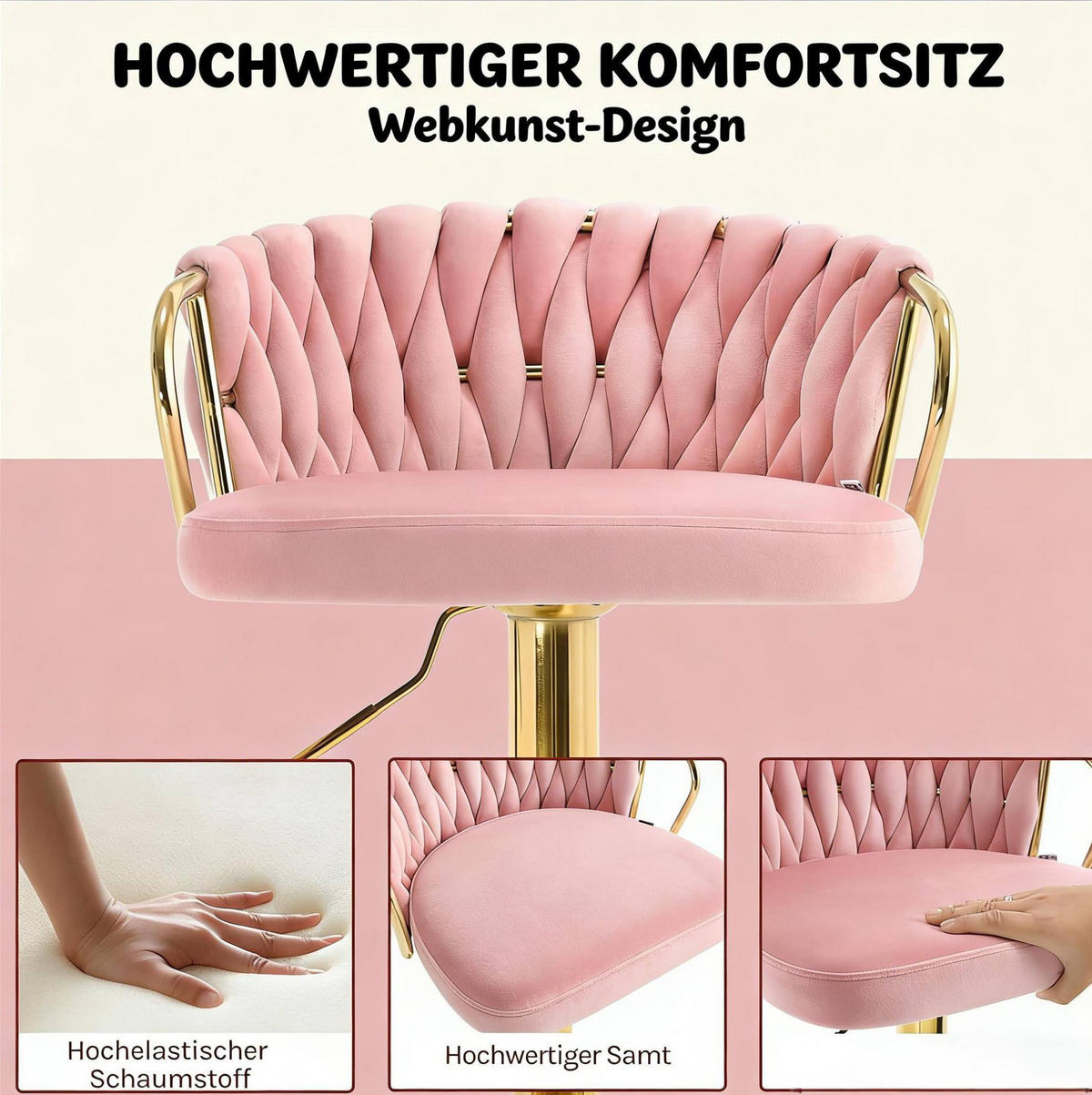 BARHOCKER drehbar höhenverstellbar Samt Pink - Pink, Metall (49.5/98/50.5cm) - Meubliv