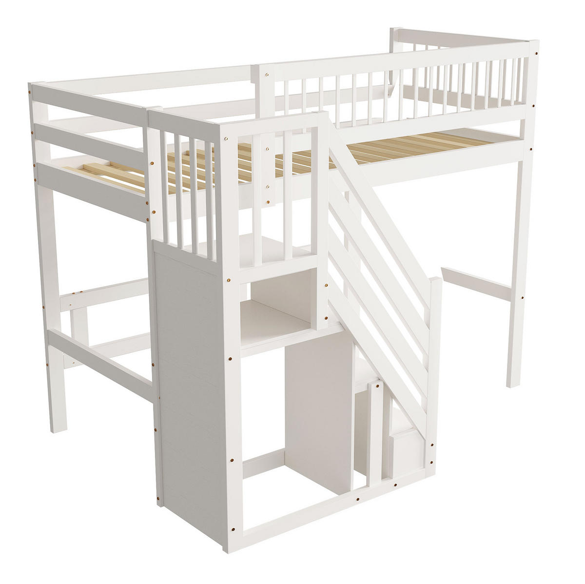 KINDERBETT 90/200 cm mit Stauraumtreppe in Weiß aus Massivholz - Weiß, Holzwerkstoff (90/200cm) - BEAOK