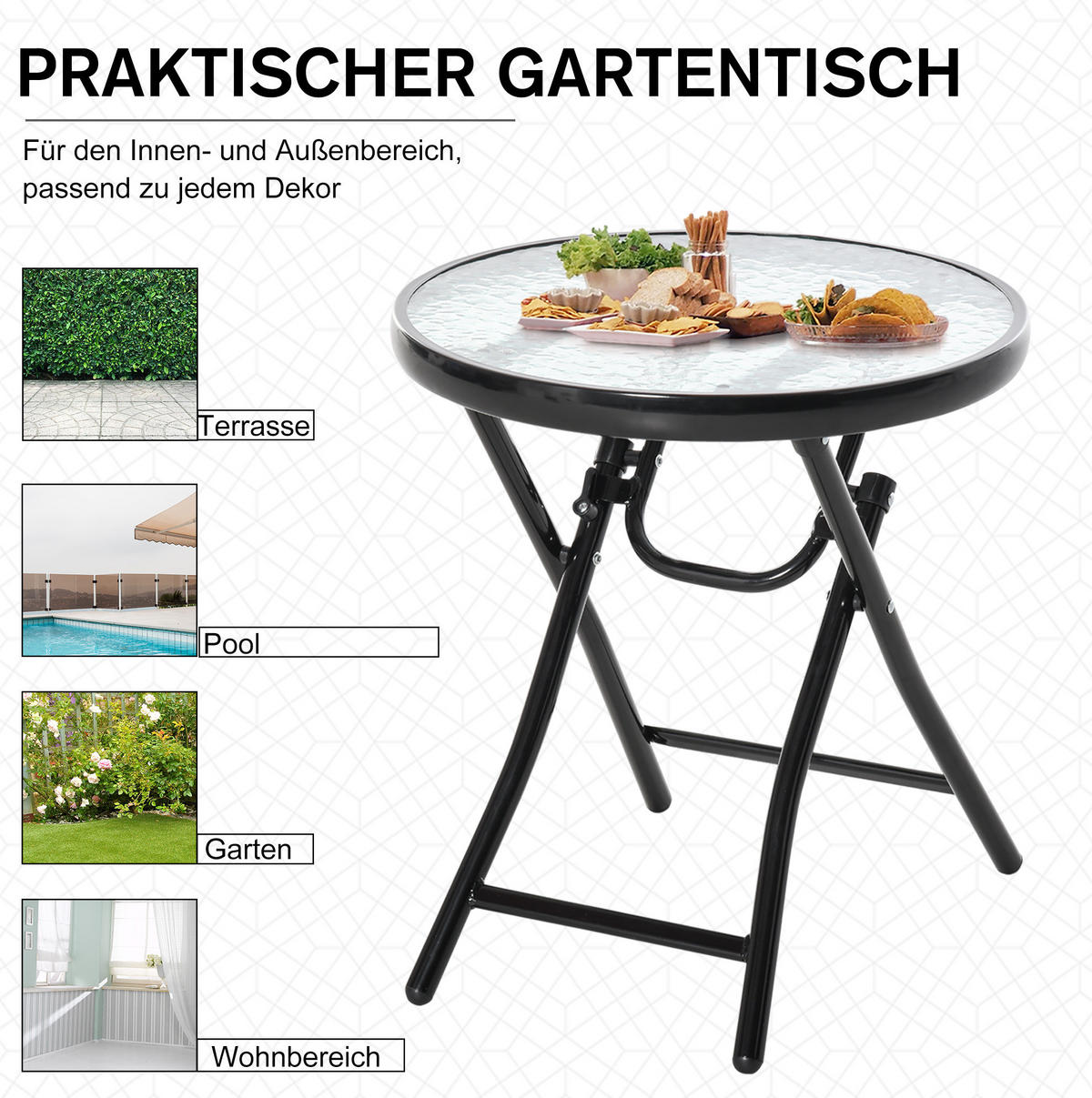 GARTENTISCH aus Metall Ø45x50 cm Schwarz mit Glasplatte - Schwarz, Metall (40/40/50cm) - Modfu