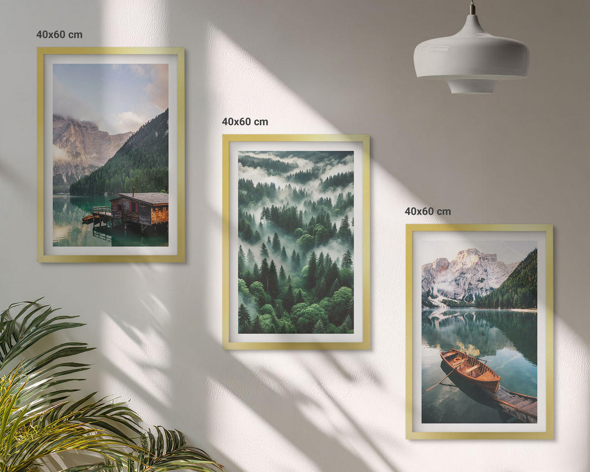WANDBILDER 3er Set - 40x60 cm Goldrahmen - Bergsee, Boot, Waldnebel - Goldfarben, Kunststoff (40/60cm) - ArtPrintCave