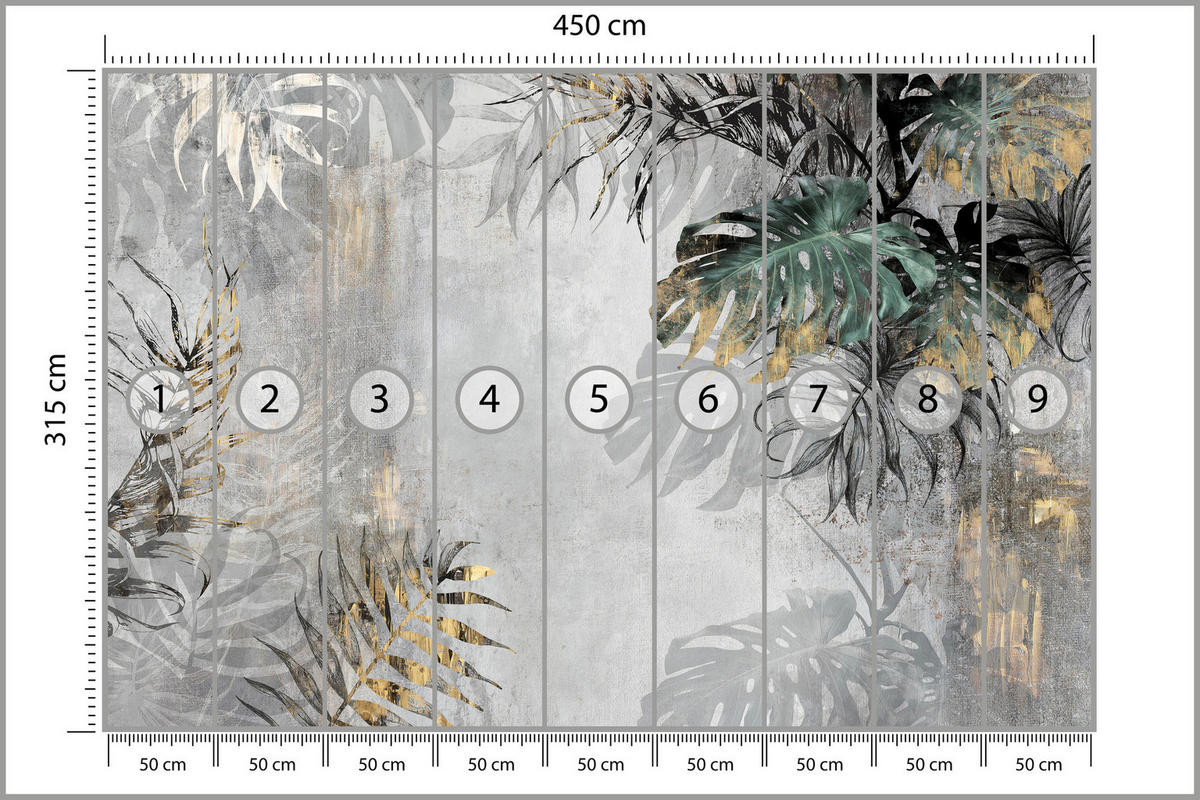 FOTOTAPETE Tropische Blätter auf Beton Vintage 450x315 - Gelb/Beige, Papier (450/315cm) - Muralo