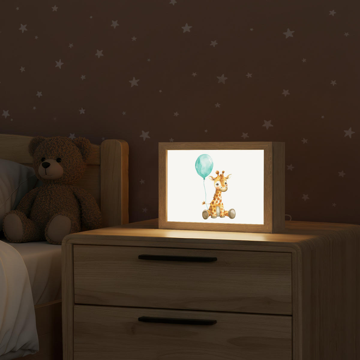 NACHTTISCHLAMPE Giraffe - Baby - Tiere - Blauer Ballon 20x15 cm - Weiß, Holzwerkstoff (8/20/15cm)